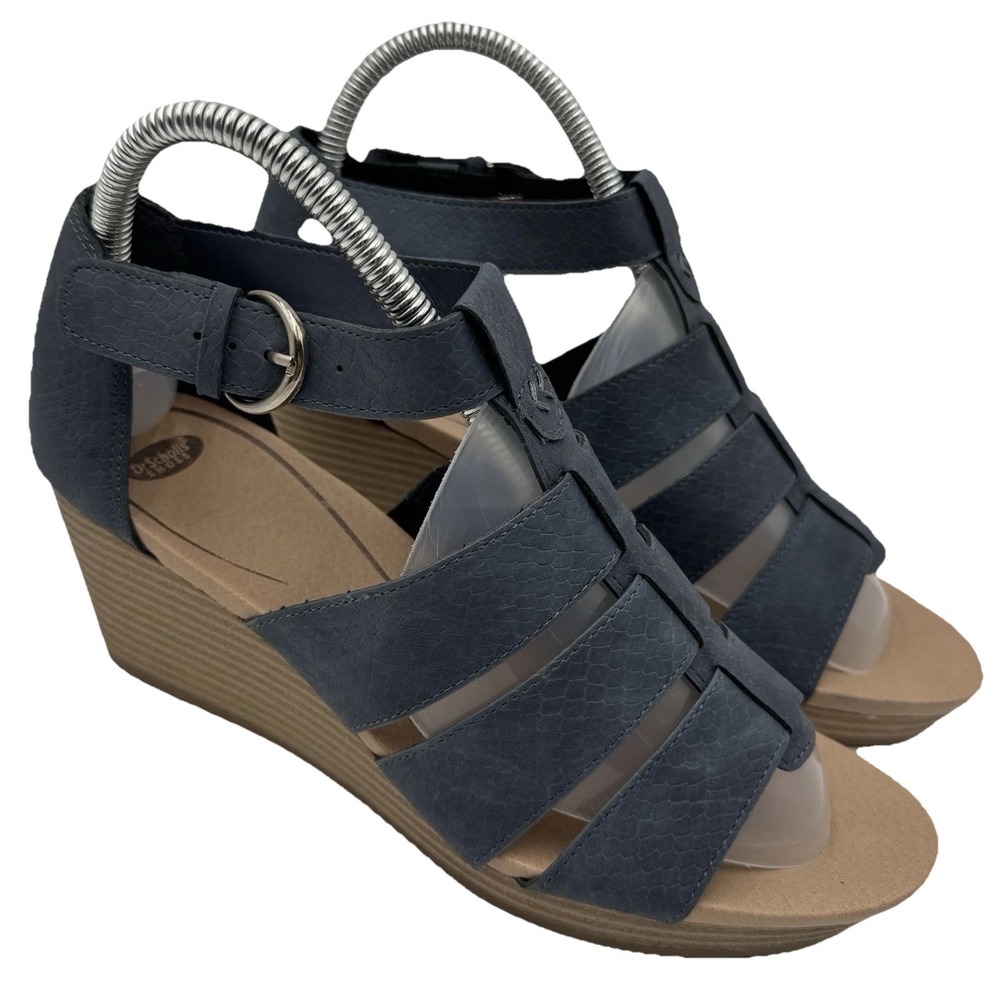 Dr Scholls Esque Sandals Womens 7.5 M Blue‎ Wedge Open Toe Buckle Party Chic